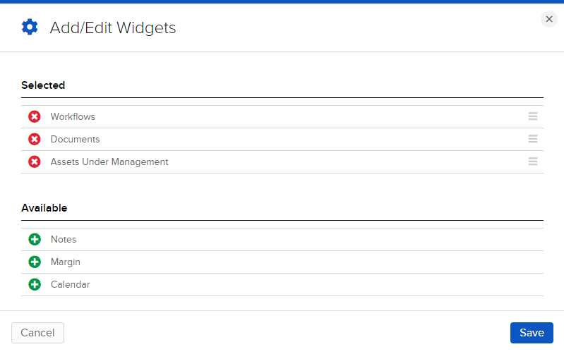 The add/edit widgets selection in portal. 